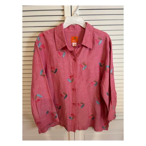 Hearts of Palm Linen Blend Flamingo Button Down Blouse - Picture 1 of 5